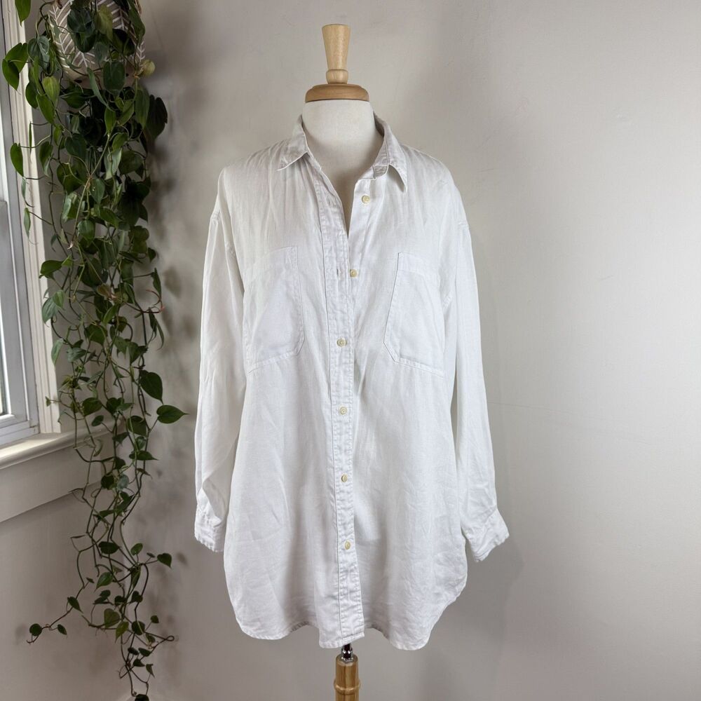 Vintage Eddie Bauer White 100% Linen Oversized Button Up Shirt Relaxed